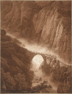 A ponte do diabo no desfiladeiro de Schöllenen no caminho através do St. Gotthard Pass com um trem de mula de Peter Birmann