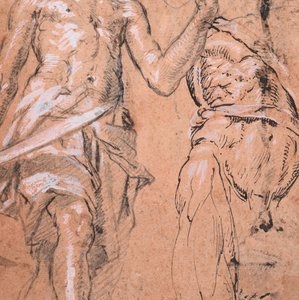 Dois estudos de um homem de pé com uma espada Alexandre, o Grande, verso: Estudos..., ca. 1601. de Peter Candid