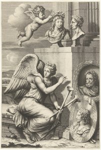 Fama sentada por retratos de governantes com coroas de louros de Peter Dannoot