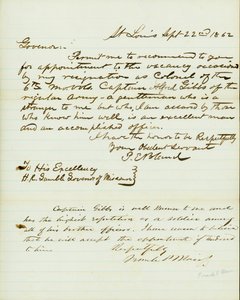 Carta assinada por P.E. Bland, St. Louis, a H.R. Gamble, Governador do Missouri, 22 de Setembro de 1862 de Peter E. Bland