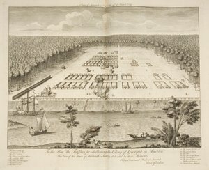 A View of Savannah, tal como estava em 29 de março de 1734, gravada por P. Fourdrinier, Londres, c.1735 (gravura) de Peter Gordon