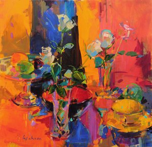 Mesa de Natureza Morta com Rosas e Frutas de Peter Graham (Contemporary)