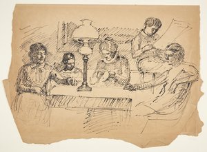 A família do artista sentada ao redor de uma mesa com um lampião de querosene de Peter Hansen