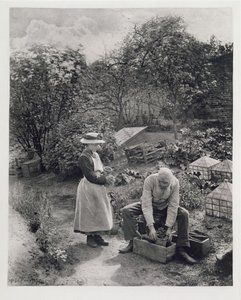 Um velho e sua filha jardinagem