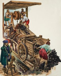 Um contador regista o número de cargas de carvão que saem da mina enquanto um mineiro enche um carrinho e outros içam mais para a superfície (guache sobre papel) de Peter Jackson