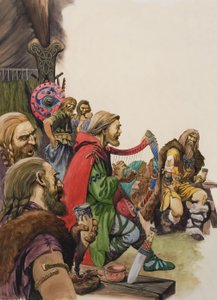 Alfredo (849-899) disfarçado de trovador no acampamento do rei Guthrum (guache sobre papel) de Peter Jackson