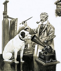 Artista pintando o cachorro ouvindo em um gramaphone de Peter Jackson