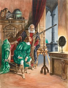 Galileu, agora cego, deixa um amigo olhar as estrelas através de seu telescópio a partir da varanda de seu escritório em Pisa de Peter Jackson