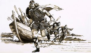 O rei Vortigern trouxe dois chefes bárbaros - Hengest e Horsa - para a Grã-Bretanha (guache no papel) de Peter Jackson