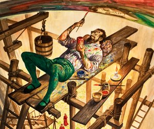 Michelangelo pintando o teto da Capela Sistina, em Roma
