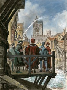 O sistema hidráulico de Peter Morris na antiga London Bridge sendo admirado pelo Lord Mayor e pelos vereadores da cidade de Peter Jackson