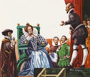 William Shakespeare apresentando uma de suas peças para a rainha Elizabeth I