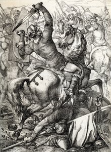 Batalha de Hastings travada em 14 de Outubro de 1066 entre o exército normando-francês do Duque Guilherme II da Normandia e um exército inglês sob o Rei anglo-saxão Harold II, durante a conquista normanda da Inglaterra Desenho de uma caneta Pneus histórico de Peter Johann Nepomuck Geiger