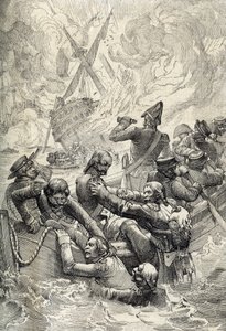Expedição do Egipto: A Destruição do Oriente na Batalha do Nilo (Batalha de Aboukir) em Agosto de 1798 (Batalha da Baía de Aboukir: a Destruição do Oriente na Batalha do Nilo, Agosto de 1798) Desenho de penas de "Historische Memorabilian des In de Peter Johann Nepomuck Geiger