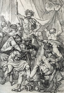 Heptarchy: "representação do líder anglo-saxão Hengist (século V) a matar os seus inimigos para fundar o reino de Kent, cerca de 461" (heptarquia saxónica: líder anglo-saxão Hengist (ou Hengest) matando os seus inimigos durante a invasão da Bretanha, cerca de Peter Johann Nepomuck Geiger