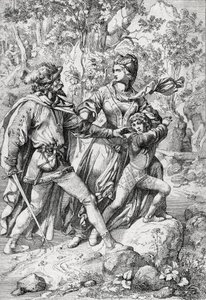 Rainha de Inglaterra Margarida de Anjou (1430-1482) e seu filho Eduardo resgatado por um ladrão durante o seu voo após o triunfo dos Yorkistas de Peter Johann Nepomuck Geiger