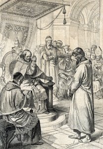 Queril das investidas, penitência de Canossa: Em Canossa, o Imperador Henrique IV do Sacro Império Romano (1050-1106) em vestido penitente implora o perdão do Papa Gregoire VII (Hildebrand: 1015/20-1085) fazendo emendas honrosas em Janeiro de 1077" (The wa de Peter Johann Nepomuck Geiger