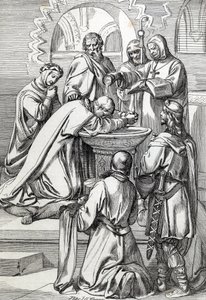Representação de Santo Agostinho da Cantuária (falecido 604), enviado à Inglaterra pelo Papa Gregoire o Grande em 596 para converter os anglo-saxões - Está aqui perante Ethelbert, rei anglo-saxão de Kent (552? -616) que baptizou em 597 (Agostinho, primeiro de Peter Johann Nepomuck Geiger