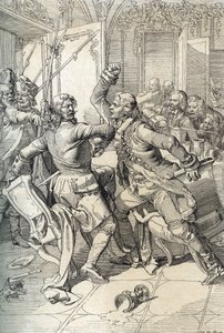 Revolta Streltsy: prisão de membros dos regimentos Streltsy (strelets) após o seu levantamento em 1698 contra as inovações progressivas do czar Pedro o Grande, Rússia (revolta Streltsy: suspeitos de serem membros dos regimentos Streltsy de Moscovo presos a de Peter Johann Nepomuck Geiger