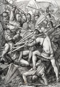 A Batalha de Sempach travada em 9 de Julho de 1386, entre Leopoldo III, Duque da Áustria e a Antiga Confederação Suíça, desenhando uma caneta tirada de "Historische Memorabilian des In-und Auslandes" (Memórias históricas) por Anton Ziegler de Peter Johann Nepomuck Geiger