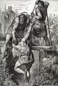 O imperador bizantino Zenon (425-491) regressou a Constantinopla com o usurpador Flavius Basiliscus (Basilisco) preso com a sua família, 477 (morto de Basilisco fechado numa cisterna seca, para morrer de exposição, pelo imperador romano Zeno, 477) Desenho 