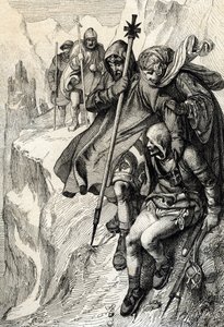 O Rei dos Romanos Henrique IV passando o desfiladeiro do Monte Cenis para atravessar os Alpes e ir até à Condessa Mathilde da Toscana para Canossa onde o Papa Gregoire VII, Janeiro de 1077" (Henrique IV atravessou os Alpes pelo desfiladeiro do Monte Cenis  de Peter Johann Nepomuck Geiger