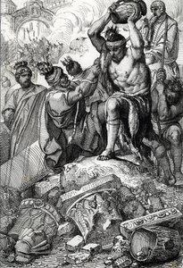 O saco de Roma (Itália), em 410, retirado da cidade e saqueado pelos visigodos liderados por Alaric (370-410) (Saco de Roma pelos visigodos liderados por Alaric I em 410, durante o reinado do Imperador Honório) Desenho de uma caneta tirada de "Historische  de Peter Johann Nepomuck Geiger