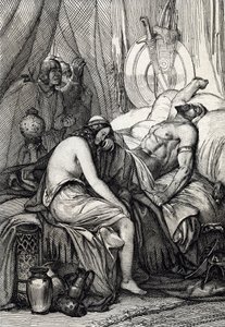 A morte do rei dos hunos Átila (395-453) durante o seu sono na noite de núpcias com o germaine Ildico, 453 (Morte de Átila, governante dos hunos na sua noite de núpcias, a sua noiva Ildico chora sobre o seu corpo, 453) Desenho de penas tirado de "Historis