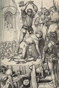 A execução de Conradin (ou Conrado de Hohenstaufen) Rei da Sicília e Duque da Suábia (1252-1268) por ordem de Carlos de Anjou após a batalha de Tagliacozzo em 1268 (Execução de Conradin (ou Conrado o mais novo), último rei Staufer da Sicília, após