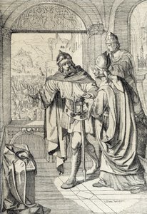 Os primeiros membros da Dinastia dos Habsburgos Radbot e da Eveque Werner na altura da construção da casa dos Habsburgos, em Aargau, Suíça de Peter Johann Nepomuck Geiger