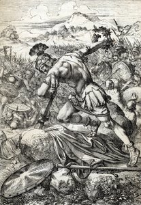 O suicídio do general romano Varus (Publius Quinctilius Varus) (46 a.C.-9 d.C.) na sua espada na Batalha de Teutoburg (Teutoburger Wald ou Teutberg) opondo os romanos aos alemães em 9 d.C. (Suicídio do general romano Varus na Batalha de Teutoburg por