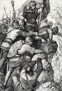 As tropas de Othon I de Baviere (1117-1183) perto de Verona, Itália 1155 (Otto I, Duque da Baviera e seu exército perto de Verona, Itália 1155) Desenho de penas de "Historische Memorabilian des In-und Auslandes" (Lembranças Históricas) de Anton Ziegler de Peter Johann Nepomuck Geiger