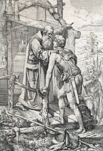 O jovem Odoacre (ca. 433-493) a receber a bênção de Severin, Apotre de Norique, ca. 470 (Odoacer conhece o monge Severinus de Noricum que o aprende que um dia se tornaria famoso, 470 ca) Desenho de uma caneta desenhada a partir de "Historische Memorabilian de Peter Johann Nepomuck Geiger