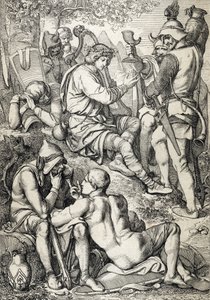 Guerra contra os Vikings: "O rei de Wessex Alfredo I o Grande (846-899) disfarçado de harpista entra no campo de Guthrum para derobrar os seus planos de batalha, Somerset 878 (Rei Alfredo o Grande, disfarçado de músico, vendo a situação do inimigo nos dina de Peter Johann Nepomuck Geiger
