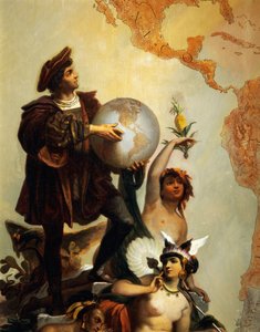 Cristóvão Colombo (1451-1506), pormenor de Alegoria sobre Carlos V de Habsburgo (1500-1558) como Governante do mundo, pintura de Peter Johann Nepomuk Geiger (1805-1880), Sala do Trono, Castelo de Miramare, Trieste, Friuli-Venezia Giulia, Itália
