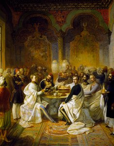 Maximiliano de Habsburgo e seu irmão Carlo Ludovico convidados num banquete dado em Esmirna por Halim Pasha