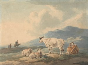 Paisagem de montanha: com vacas e cabras em primeiro plano e figuras, à esquerda