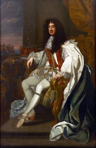 Barroco : Retrato de Carlos II de Inglaterra (1630-1685), nas vestes da Ordem da Jarreteira por Lely, Sir Peter (1618-1680). Óleo sobre tela, 213,5x140. Colecção Privada