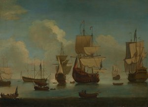 Navios de guerra ingleses ancorados numa calma, secando as velas, início do século XVIII (óleo sobre tela) de Peter Monamy