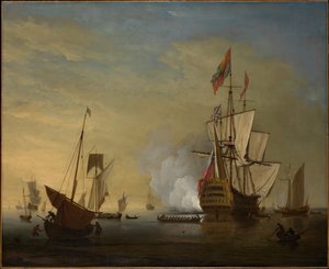Cena portuária: um navio inglês com as velas soltas dispara um canhão de Peter Monamy