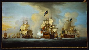 A frota inglesa ancorada com o navio do almirante sinalizando para os vice-e-almirantes dos esquadrões branco e azul de Peter Monamy