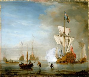O veleiro tem dois mastros e plataforma (plataforma), identificado como o "Isabella" com bandeira real de Peter Monamy