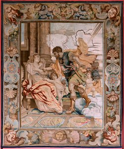 tapeçaria flamenga. Série História do cônsul Décio Mus. Marte aparece para Rhea Silvia (Aparición de Marte a Rea Silvia). Oitava tapeçaria da série. Modelo P P Rubens. Manufatura Jan Raes II, Bruxelas. Ca1620-1629. Tecido Ouro, prata, seda e lã.