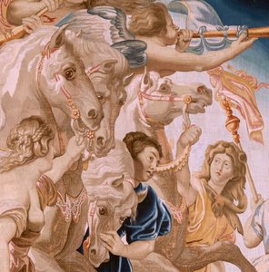 tapeçaria flamenga. Série O Triunfo da Eucaristia. O Triunfo da Igreja (El Triunfo de la Iglesia). Oitava tapeçaria da série. Modelo Peter Paul Rubens. 1626-1628. Manufatura Jan II Raes, Bruxelas de Peter Paul (after) Rubens
