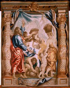 Tapeçaria flamenga. A queda do maná no deserto (La caída del maná en el desierto). Série O Triunfo da Eucaristia. A terceira tapeçaria da série. O modelo Peter Paul Rubens. 1626-1628. Fabricação Jan II Raes, Jacob II Geubels, Hans Vervoert, Ja de Peter Paul (after) Rubens