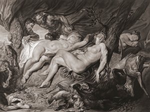 Diana adormecida e as suas ninfas espiadas por sátiros. (imprimir)