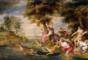 Diana e ninfas caçando gamo, c.1673 (óleo sobre tela) de Peter Paul (follower of) Rubens