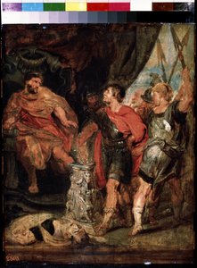 Mucius Scaevola devant Porsenna (Mucius Scaevola antes de Porsenna). Caius Mucius Scaevola, jeune patricien romain capture par la garde royale de Porsinna (Porsinna, Porsena) de Peter Paul (studio of) Rubens