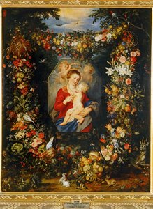 Maria Virgem e Menino com coroa de flores e frutos ... de Peter Paul & Brueghel Jan (1601 78) Rubens