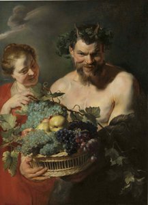 Um sátiro segurando um cesto de uvas e marmelos com uma ninfa, de Peter Paul Rubens de Peter Paul Rubens